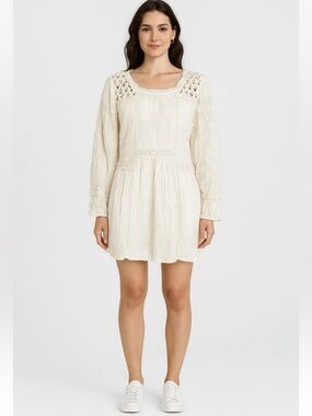 Christine V Boho Peasant Tunic Top L Lace Crochet Cream Gauze Festival Blouse